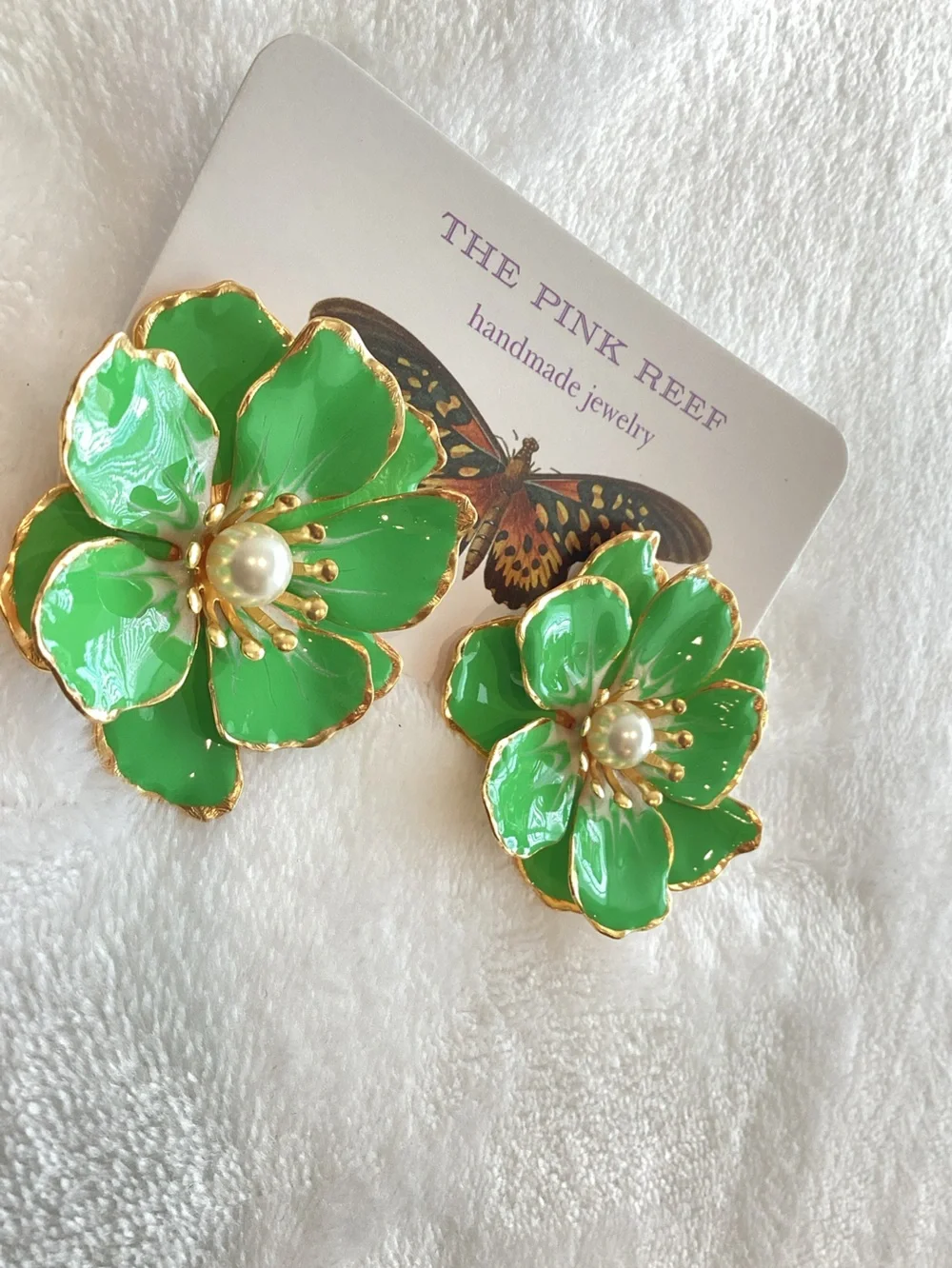 Anthropologie Pink Reef Handpainted Earrings New Green Flowers Pearl